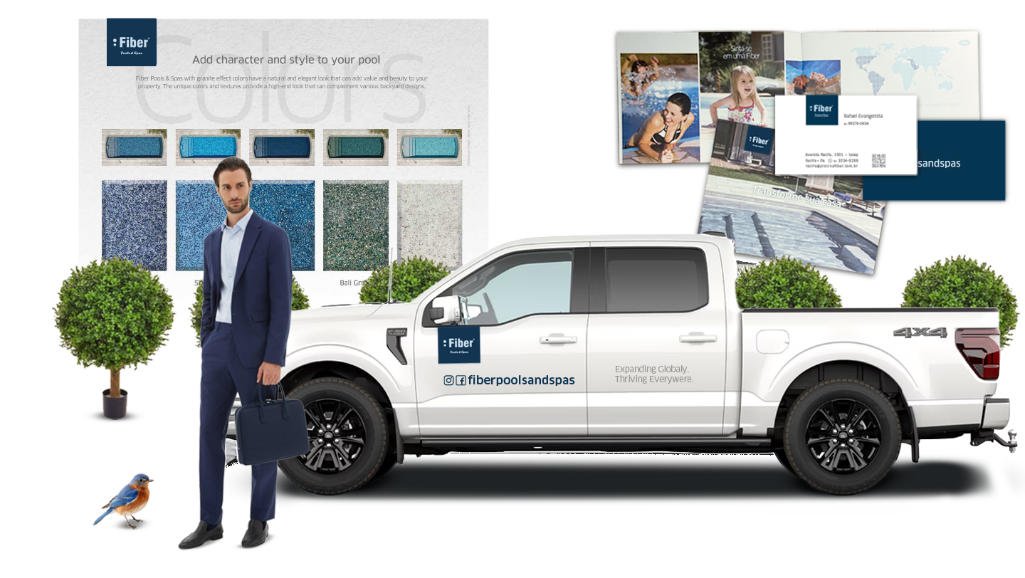 Fiber franchise visual ecosystem with branding, institutional materials, branded pickup truck, and mobile app