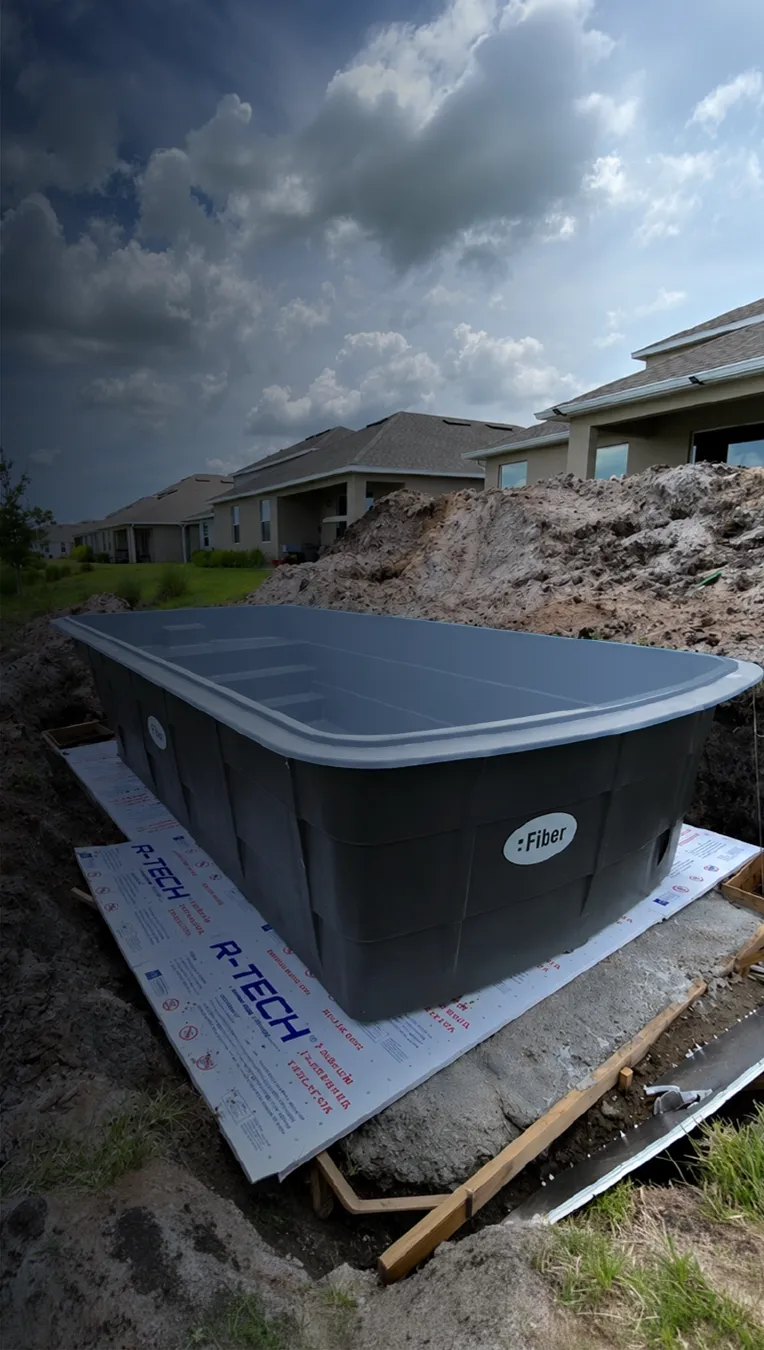 Fiberglass pool installation during home construction in residential development