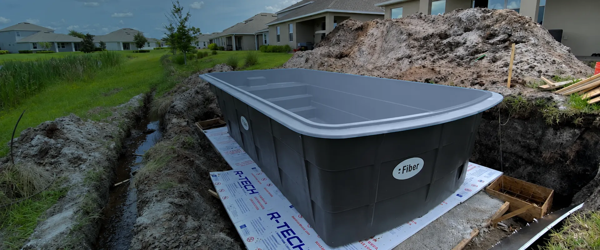 Fiberglass pool installation during home construction in residential development
