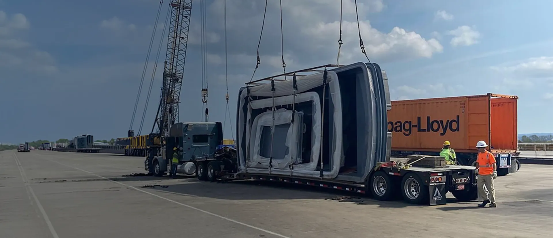 Fiberglass pool shells loaded for global logistics shipment