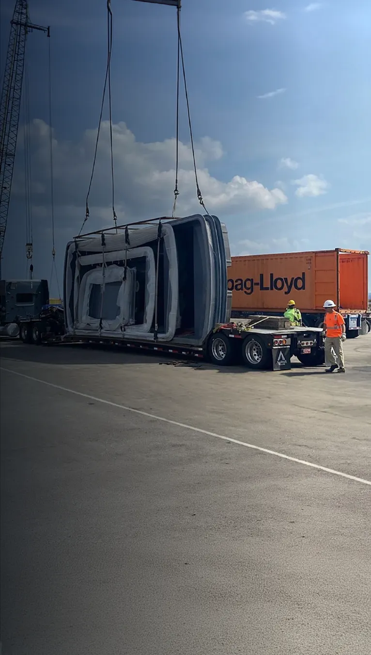 Fiberglass pool shells loaded for global logistics shipment